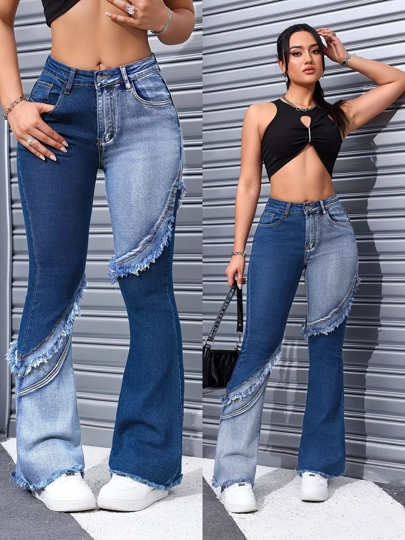Two Tone Frayed Hem Flare Jeans