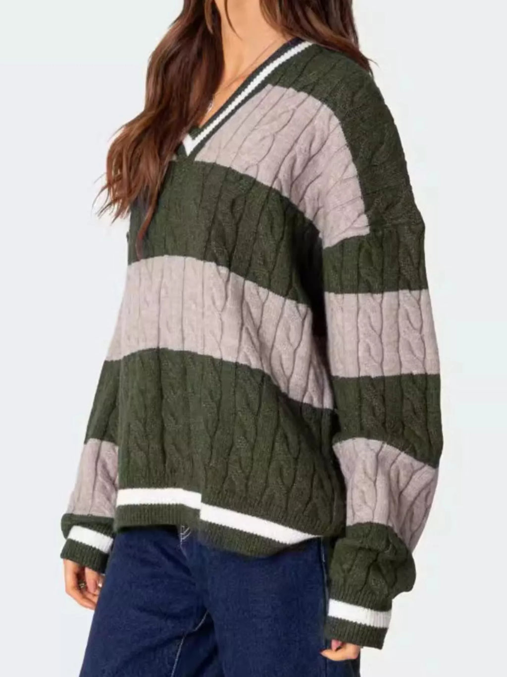 Striped Cable Knit V-Neck Sweater