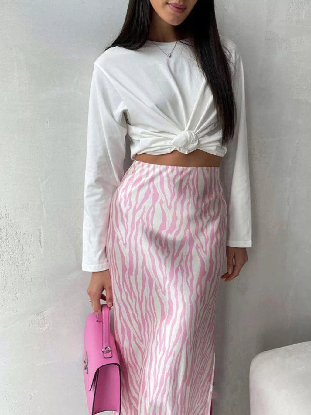 Satin Zebra Print Midi Skirt