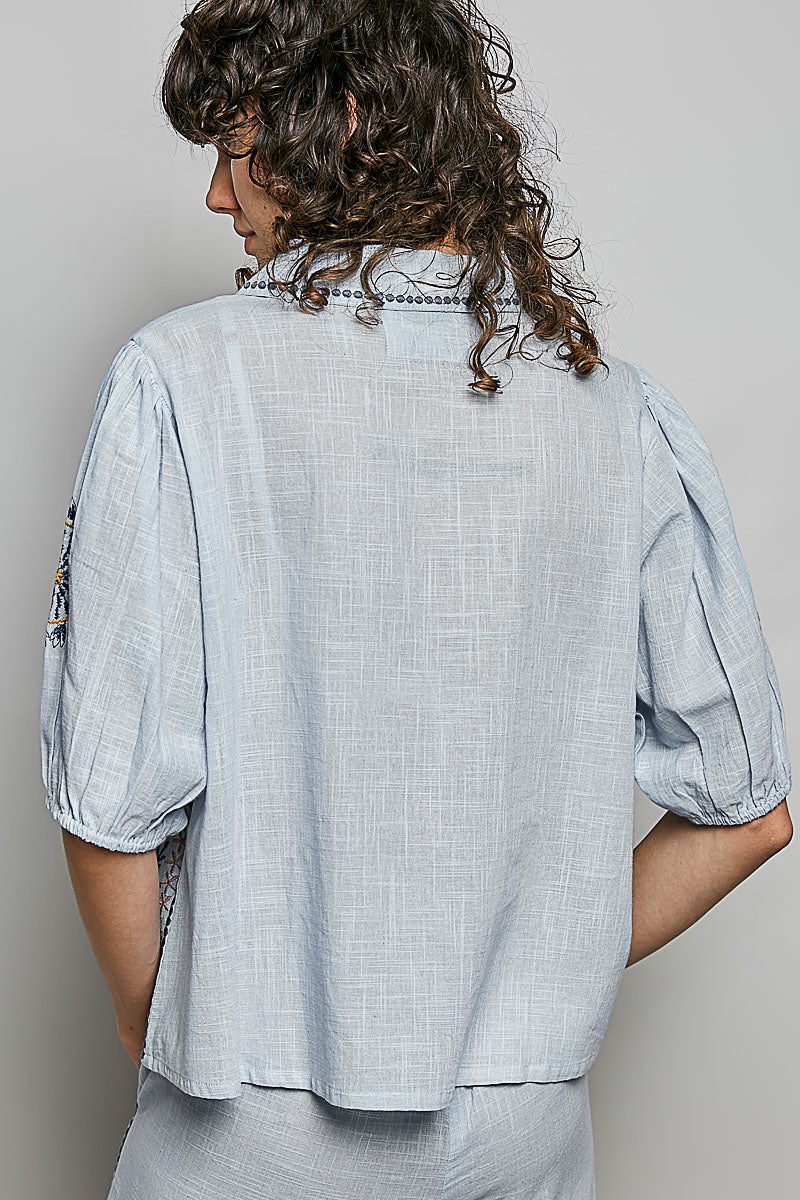 POL Button Down Embroidered Floral Short Sleeve Shirt