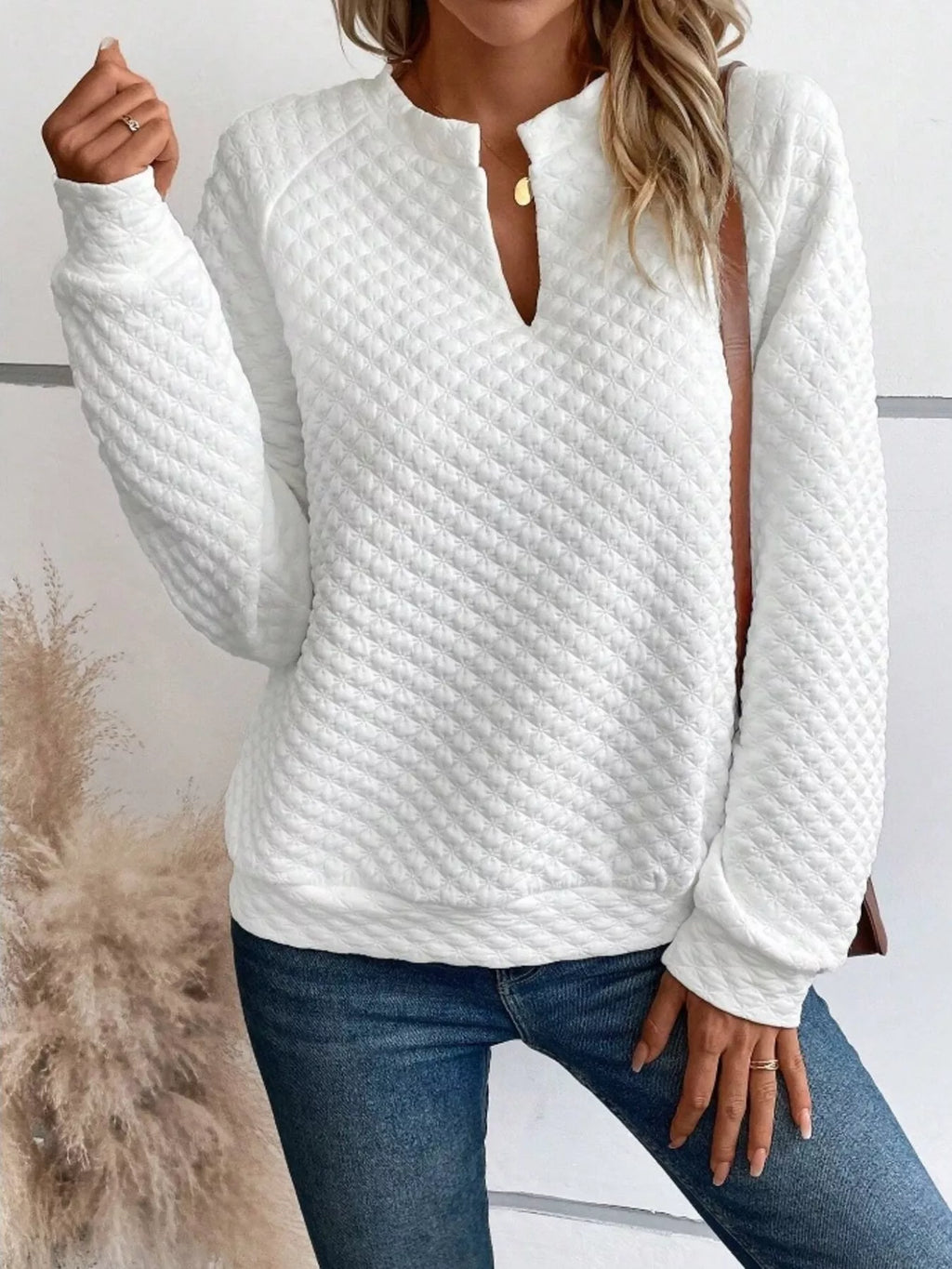 Textured Notched Raglan Sleeve Sweatshirt