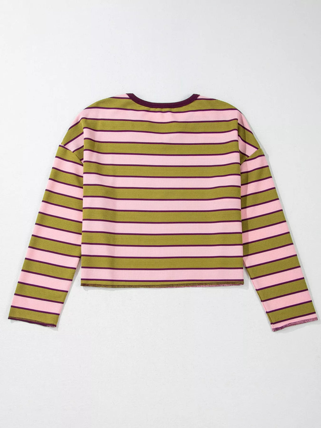 Stripes Waffle Texture Notched Neck Long Sleeve Top