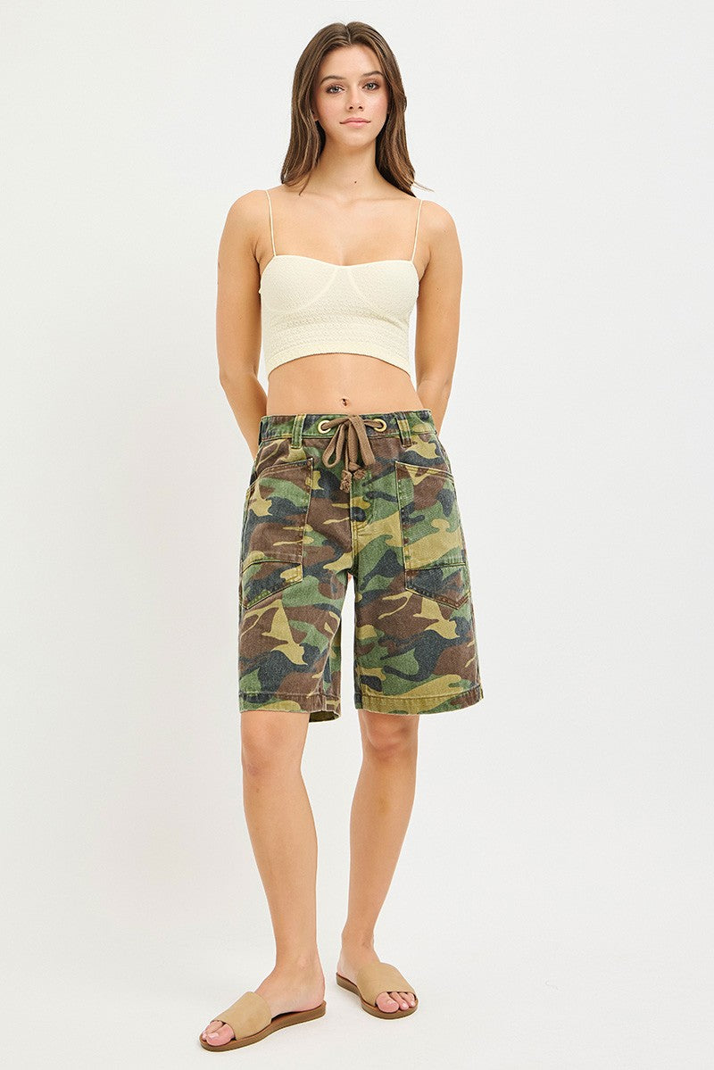 RISEN Camo Print Slouchy Jorts with Eyelet Drawstring