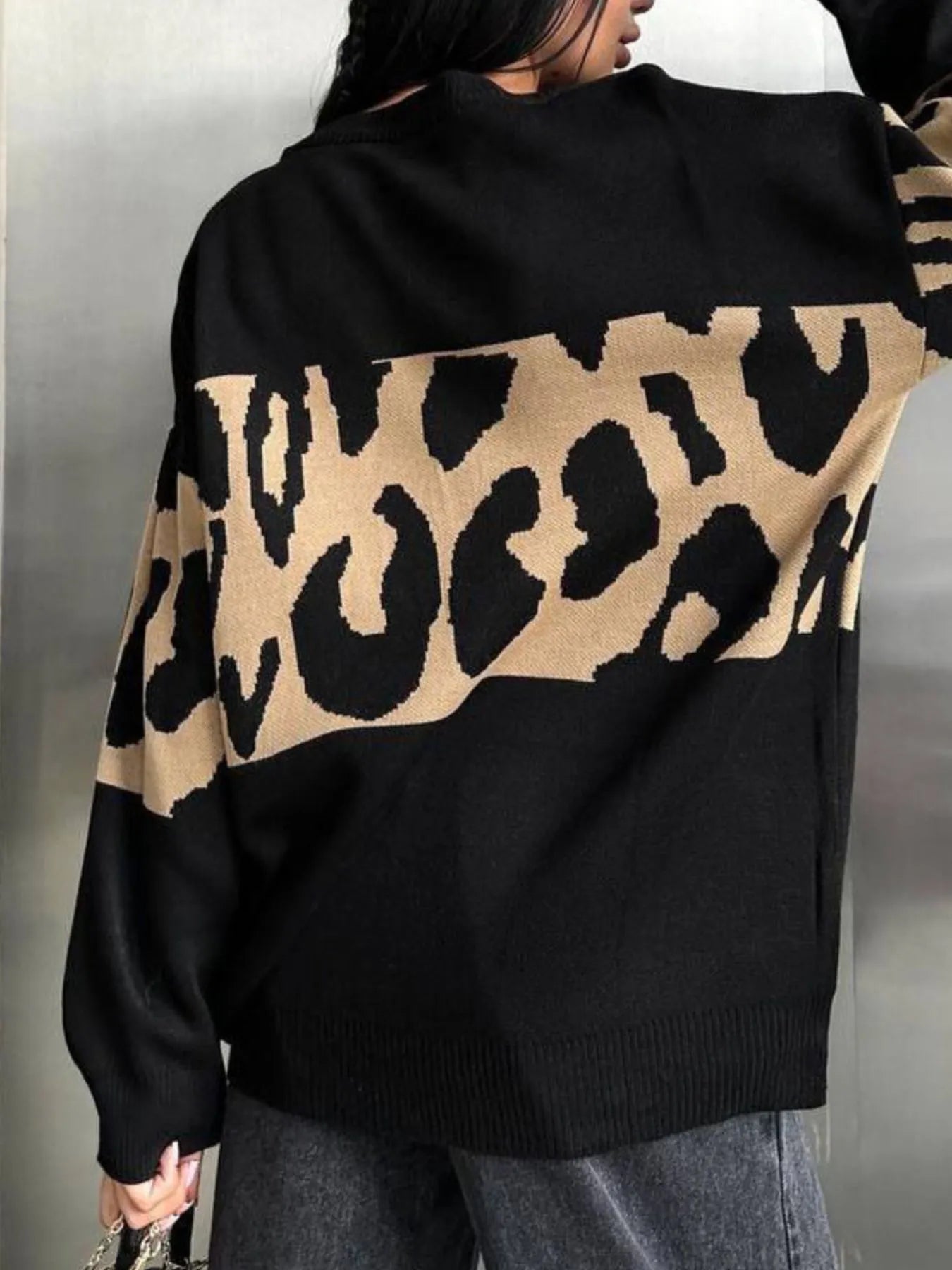 Leopard Color Block Round Neck Sweater