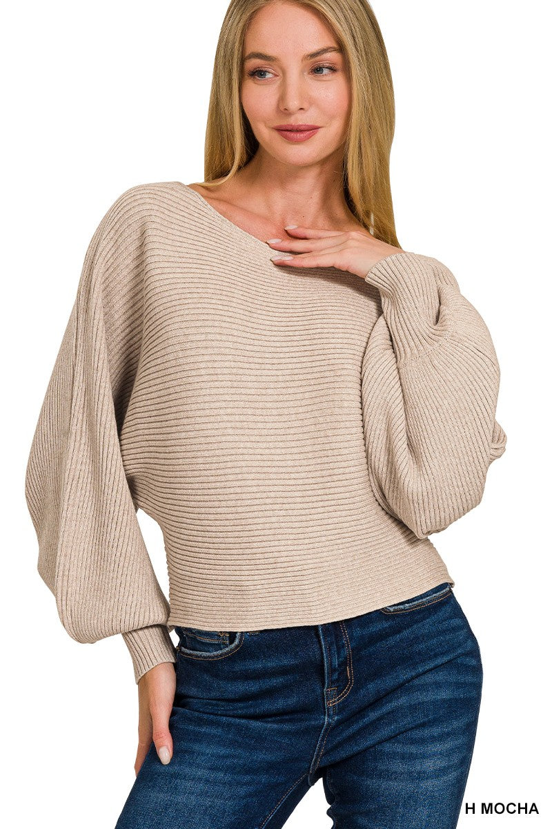 Zenana Boat Neck Balloon Sleeve Sweater