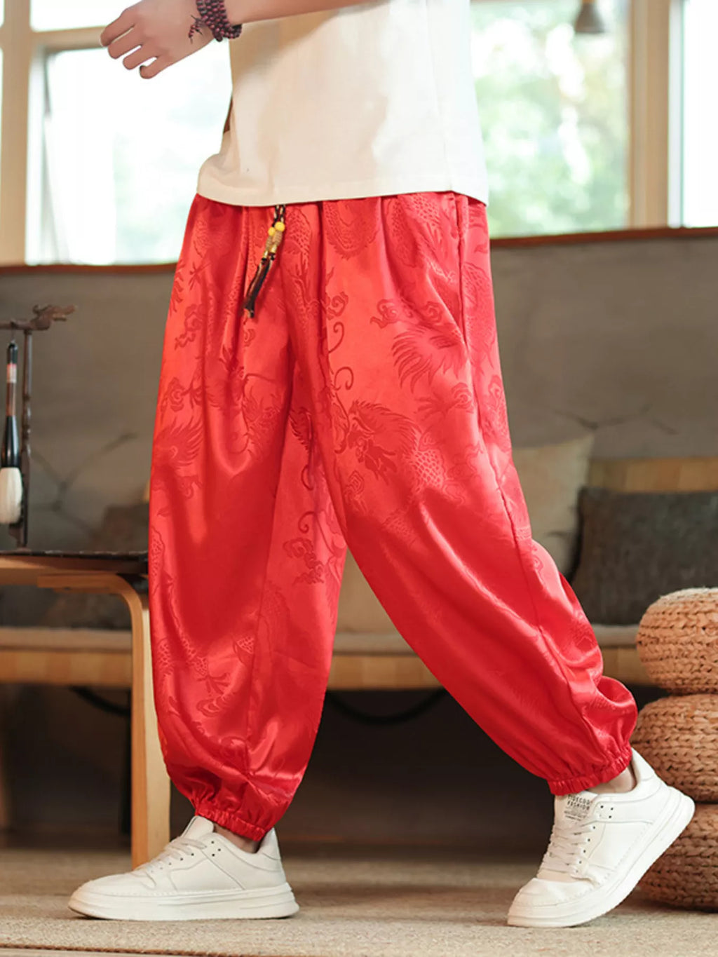 Men's Plus Size Dragon Pattern Silk Harem Pants