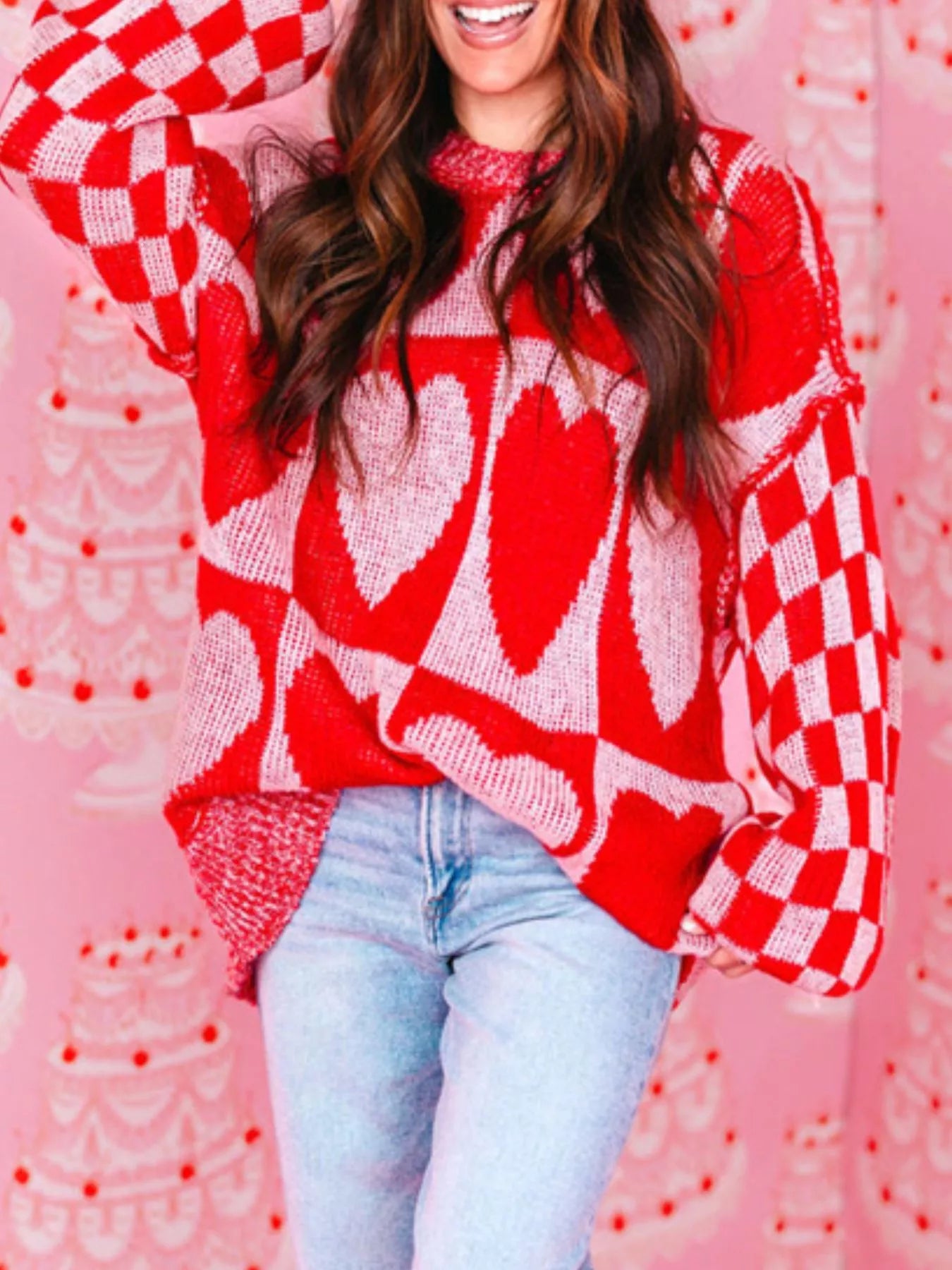 Heart Pattern Checkerboard Knit Sweater