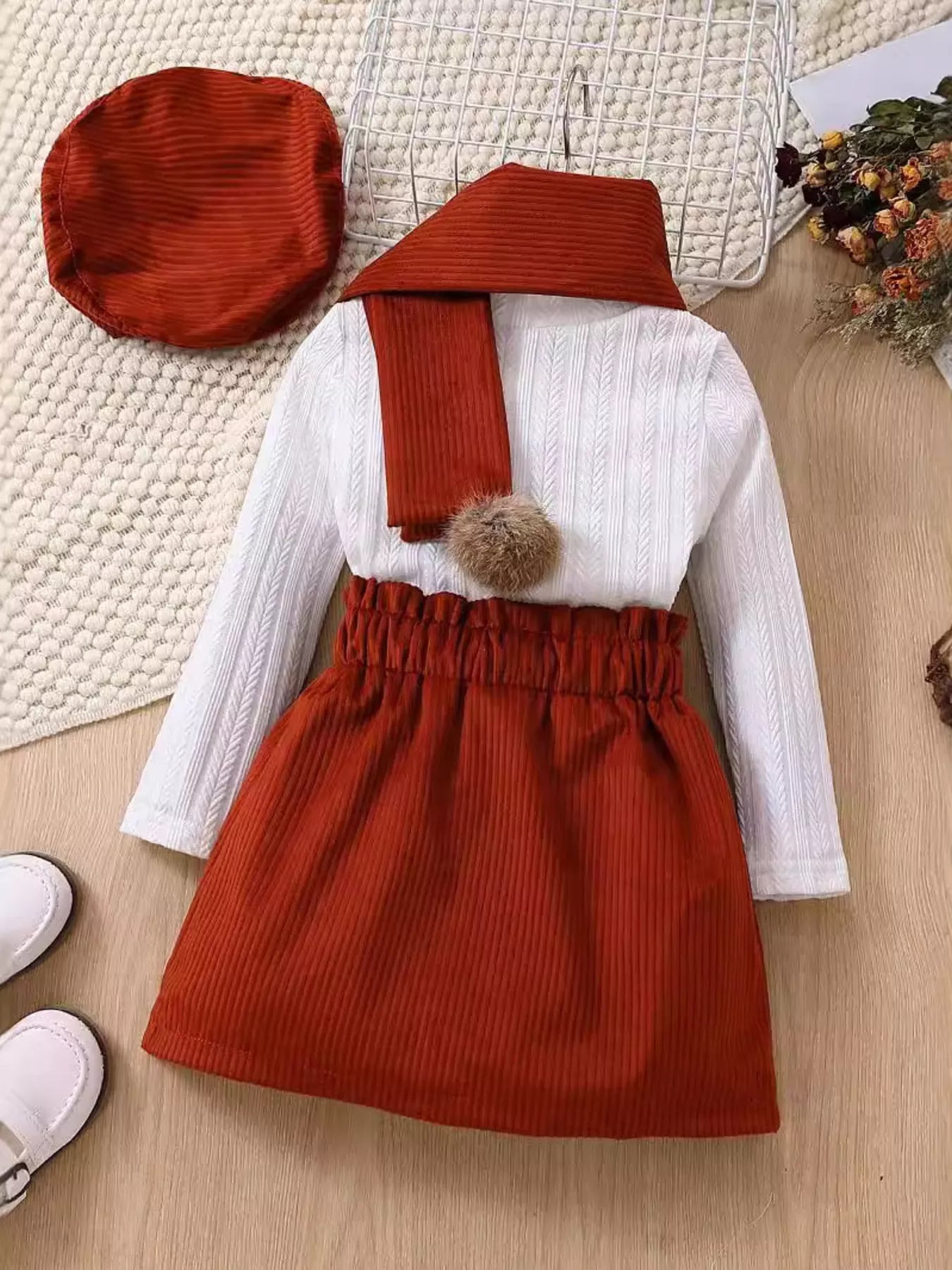 Children's Texture Knit Top and Skirt Set with Scarf & Beret