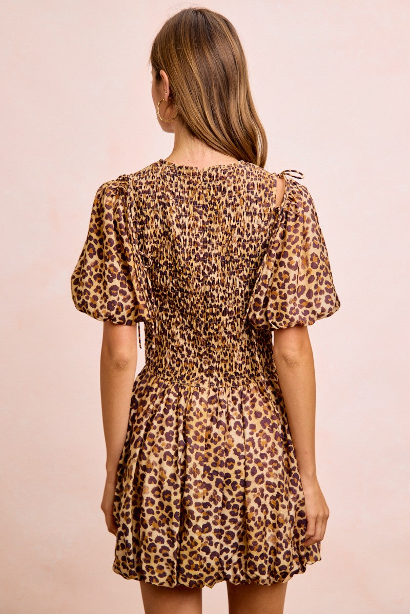 BiBi Leopard Bow Tie Attachable Puff Sleeves Dress