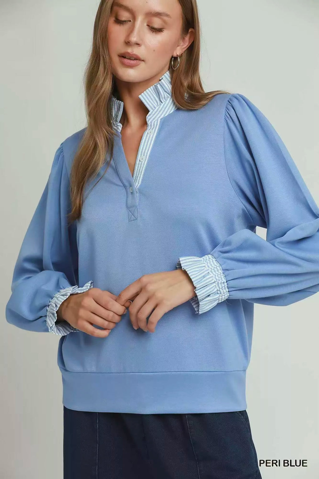 Umgee Stripe Ruffle Neck Long Sleeve Top
