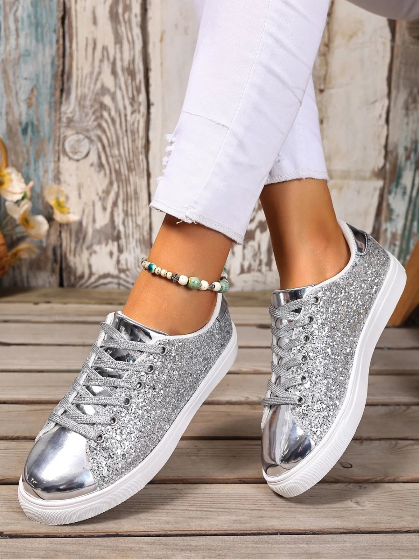 Sequin Lace Up Sneakers