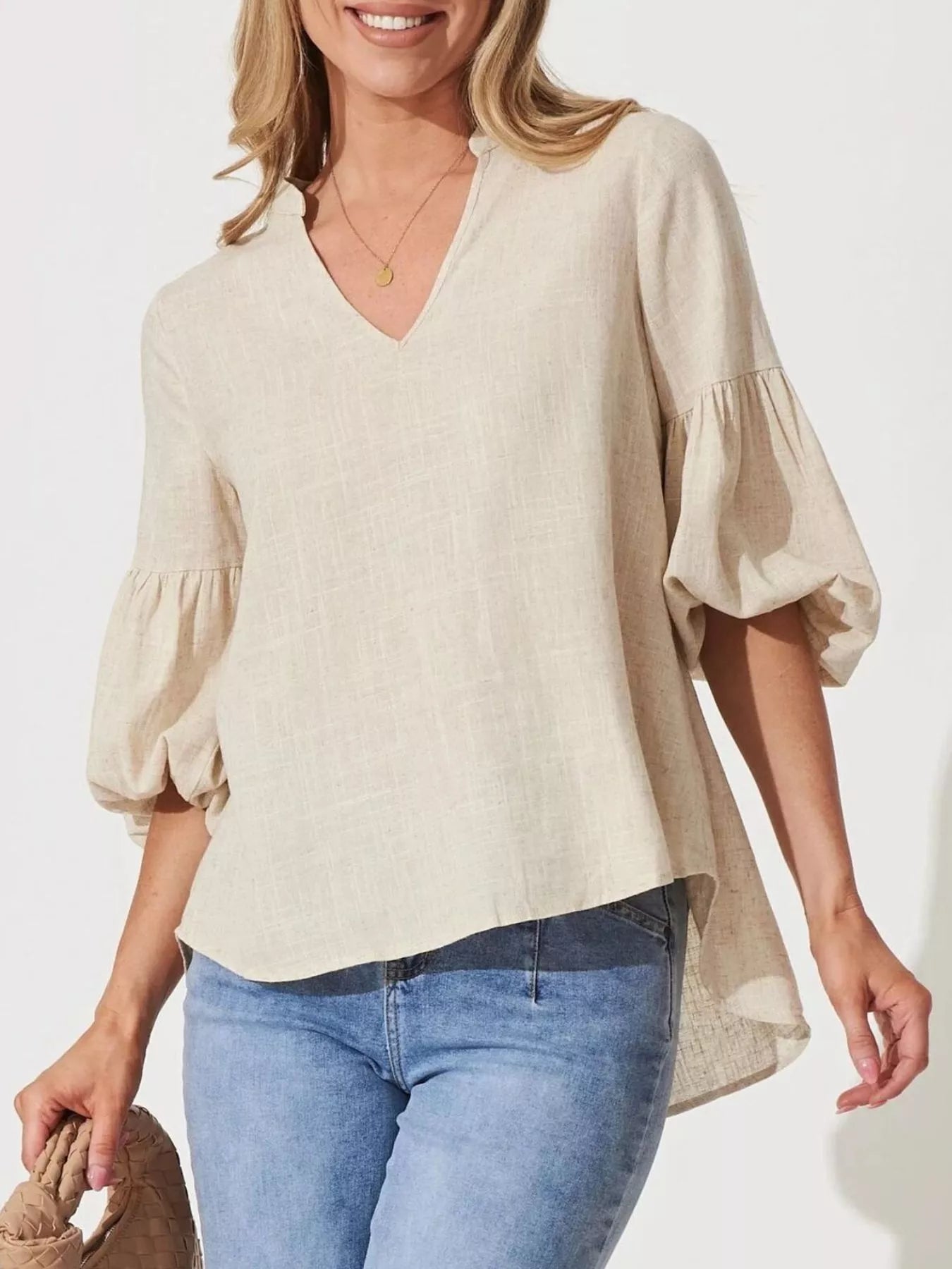 Notched Balloon Sleeve Blouse