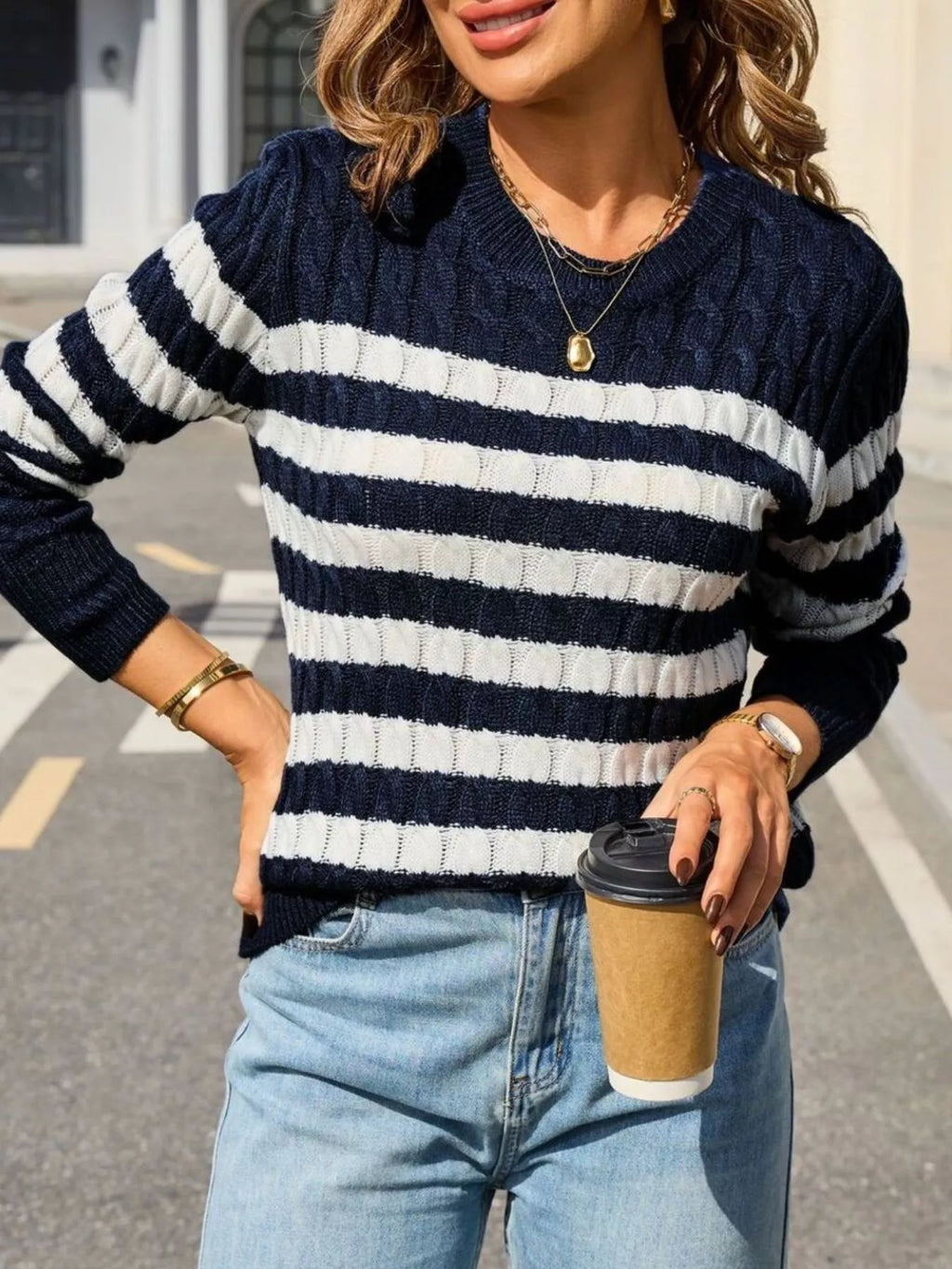 Striped Cable Knit Round Neck Sweater