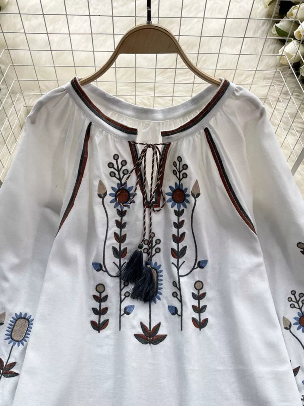 Embroidered Tie Neck Blouse