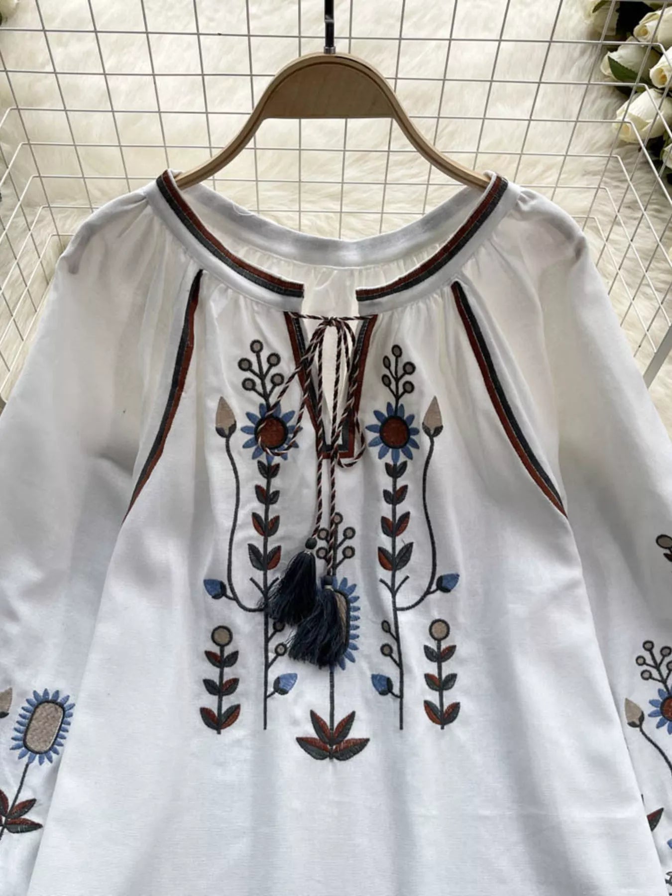 Embroidered Tie Neck Blouse