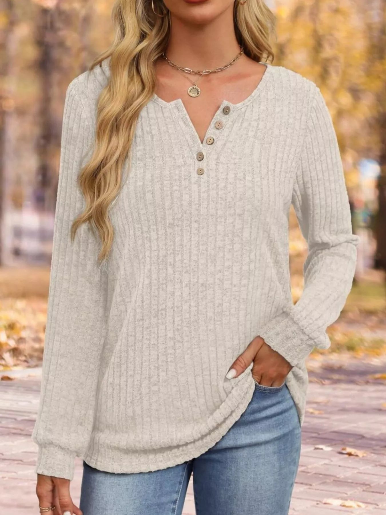 Ribbed Knit Button-Front Long Sleeve T-Shirt