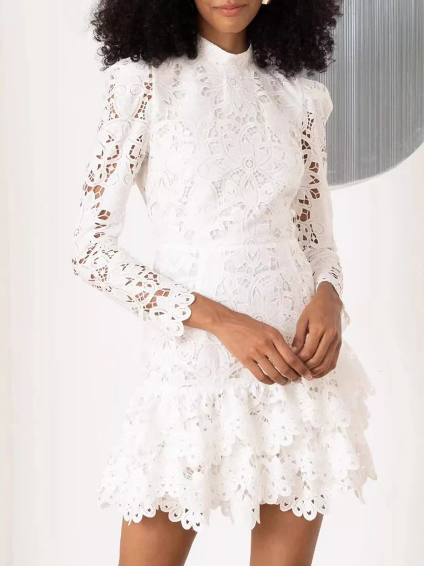 Lace Mock Neck Long Sleeve Mini Dress