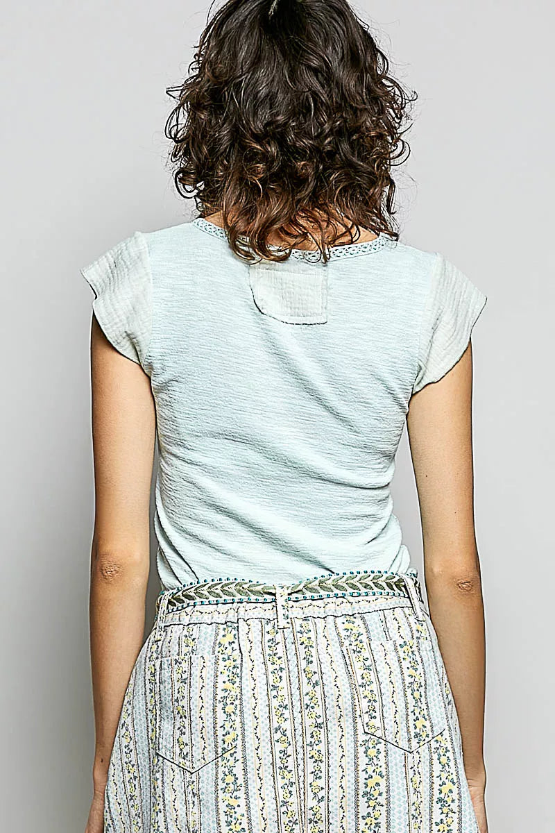 POL V-Neck Lightweight Textured Short Sleeve Knit Top with Lace Trim