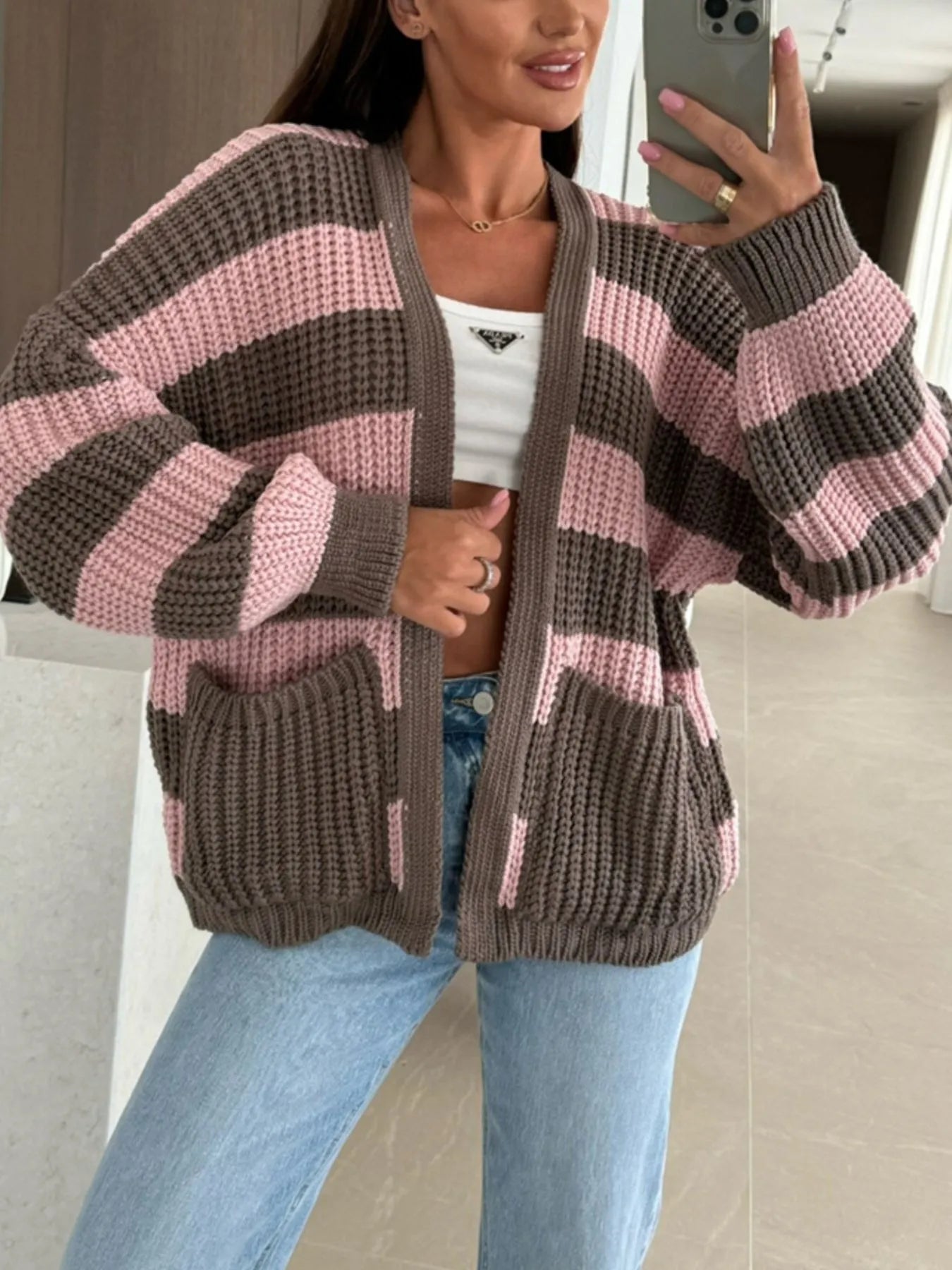 Striped Open Front Long Sleeve Cardigan