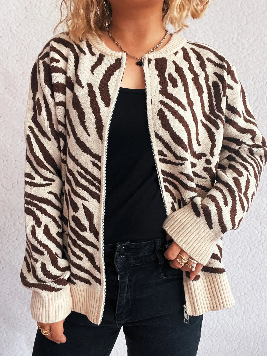 Zebra Print Zip Up Cardigan