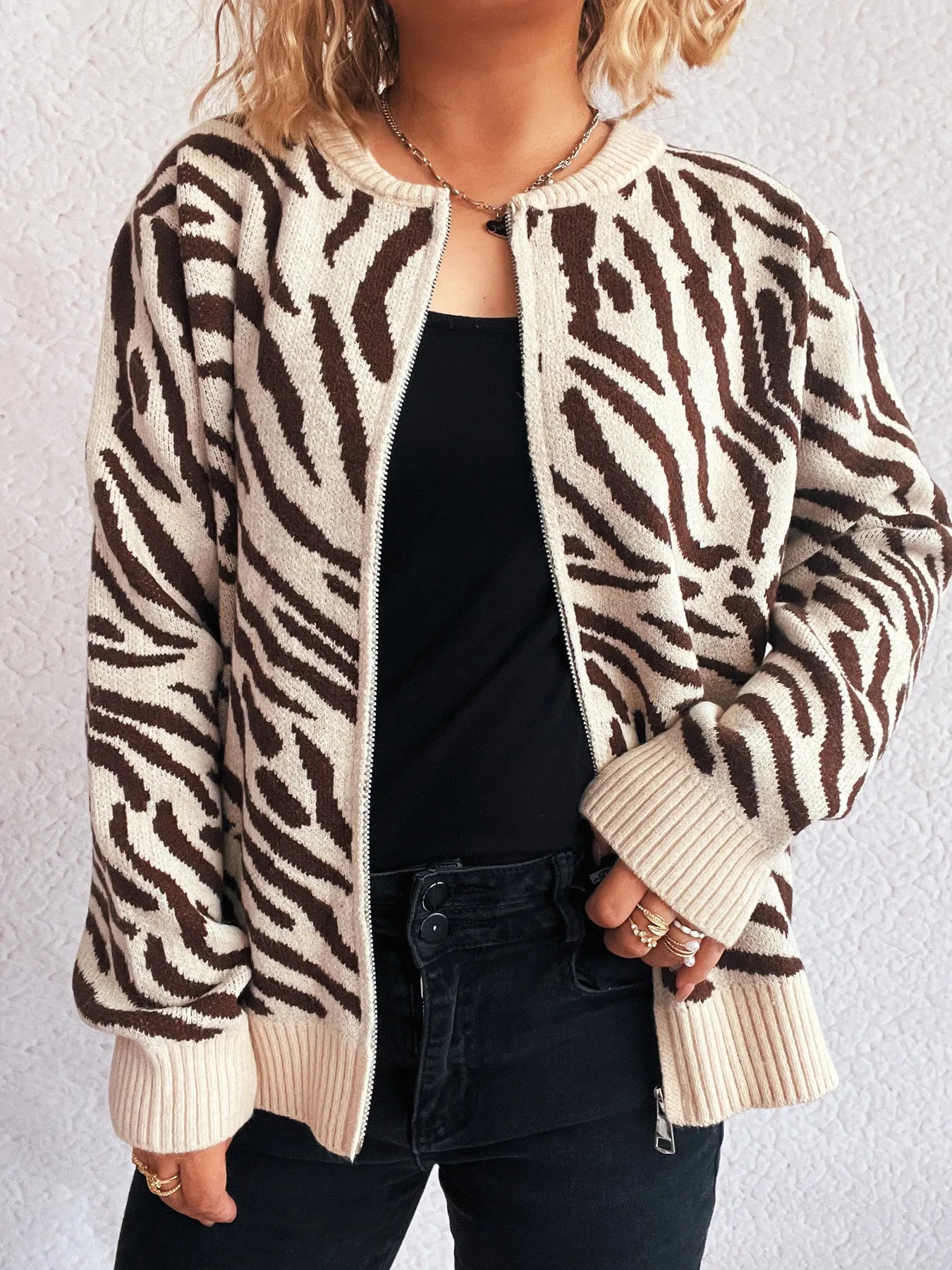 Zebra Print Zip Up Cardigan