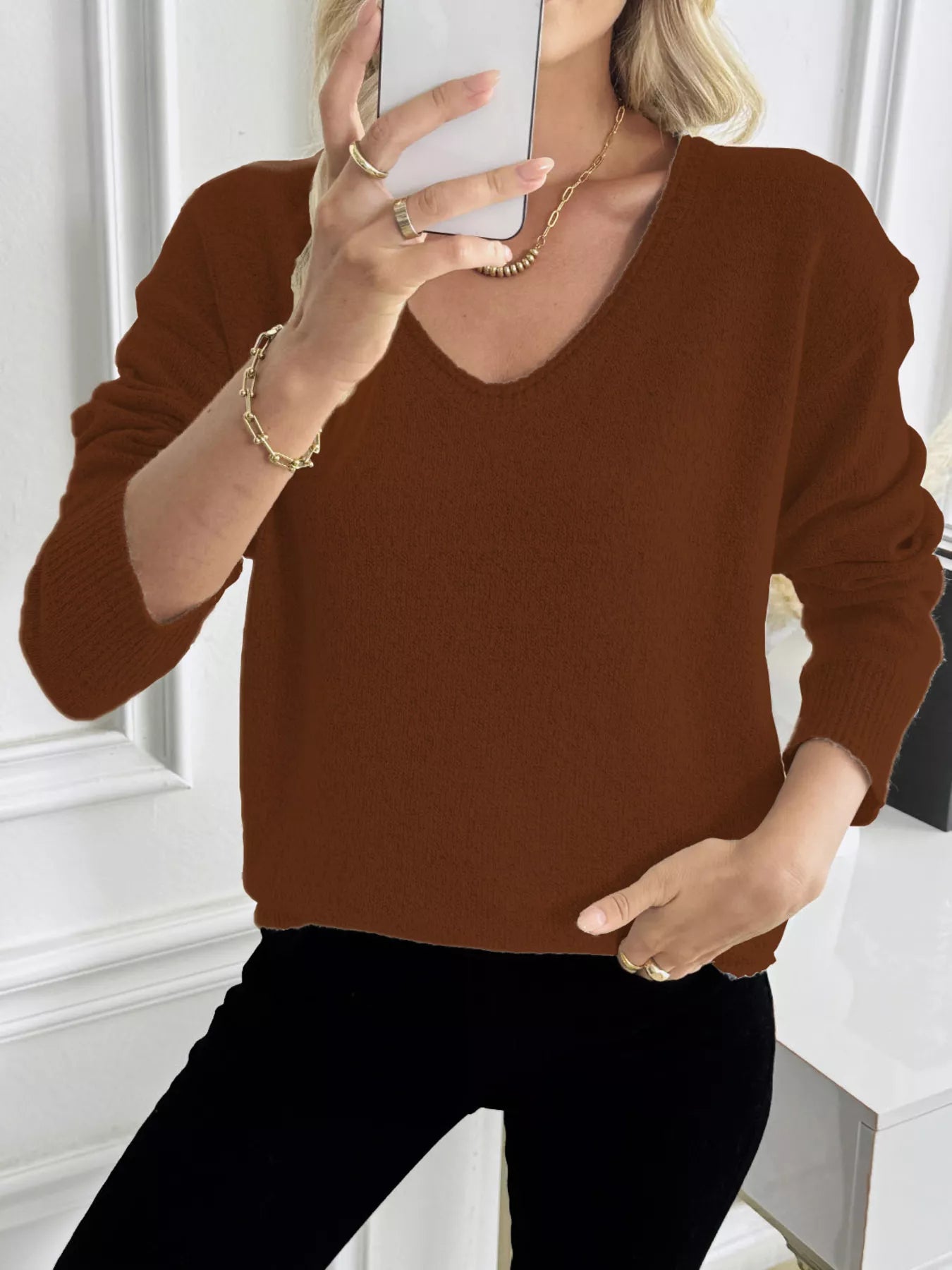 Casual V-Neck Drop Shoulder Sweater