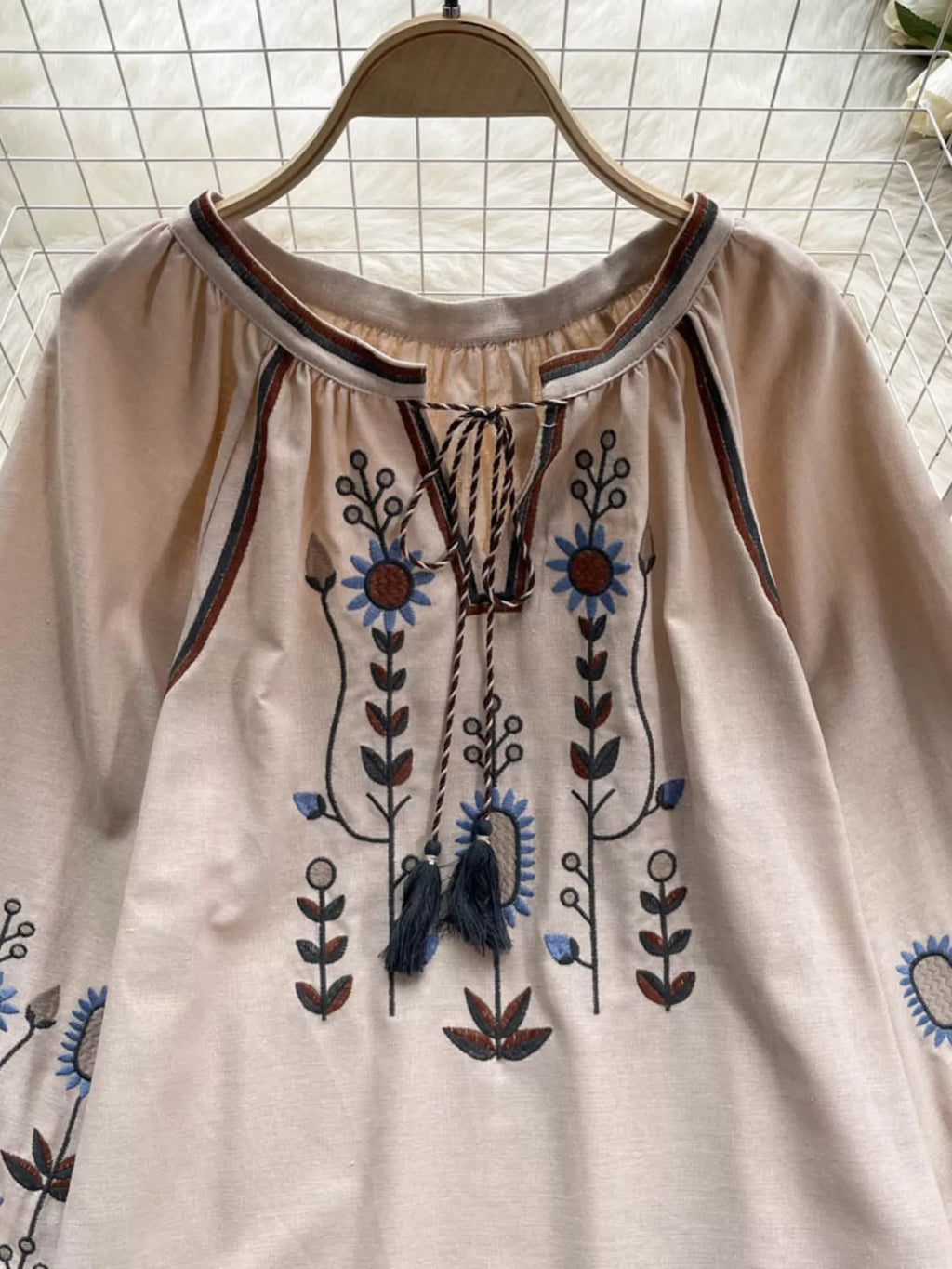 Embroidered Tie Neck Blouse