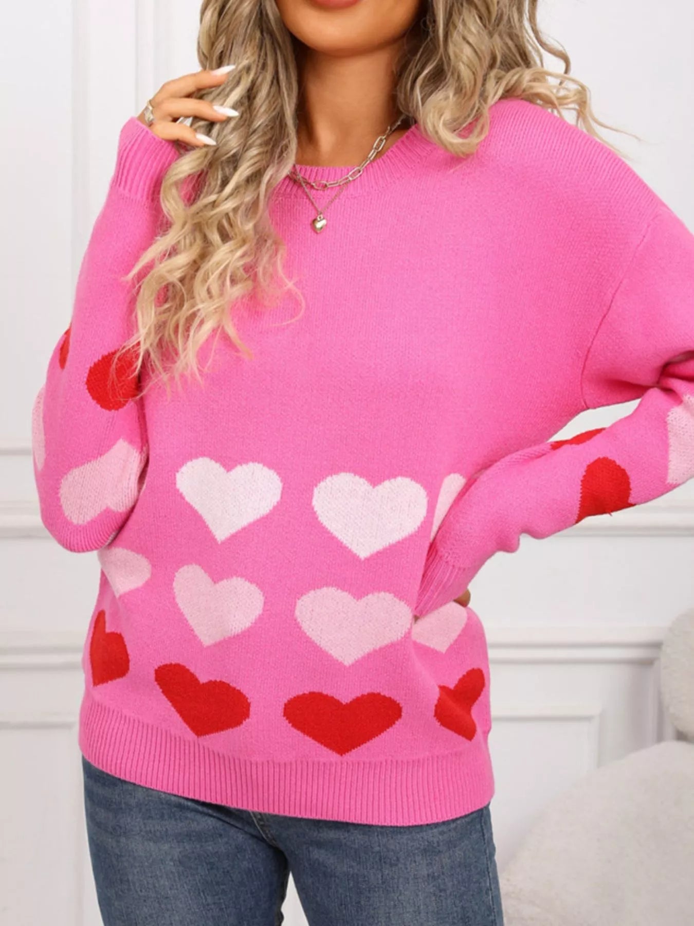 Valentine's Day Heart Pattern Crew Neck Sweater