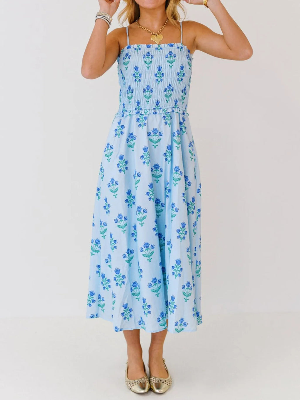 Floral Smocked Adjustable Strap Midi Cami Dress