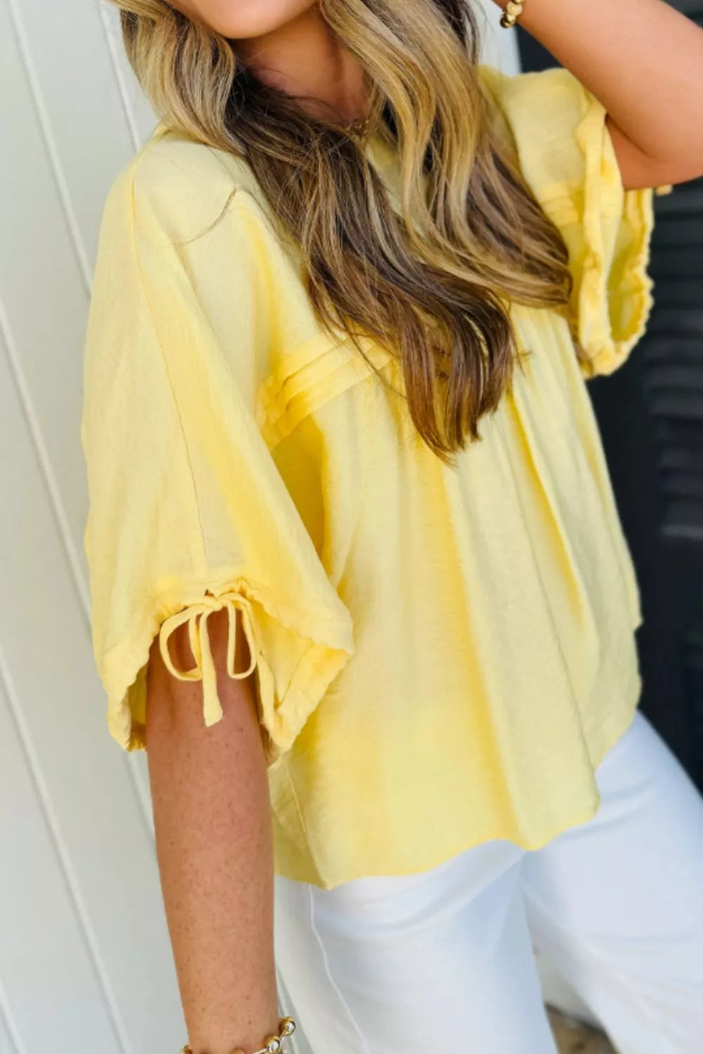 Tie Half Sleeve Pleated Detail Babydoll Blouse