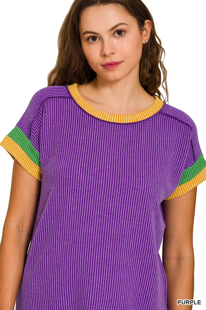 Zenana Mardi Gras Raised Rib Contrast Trim Top