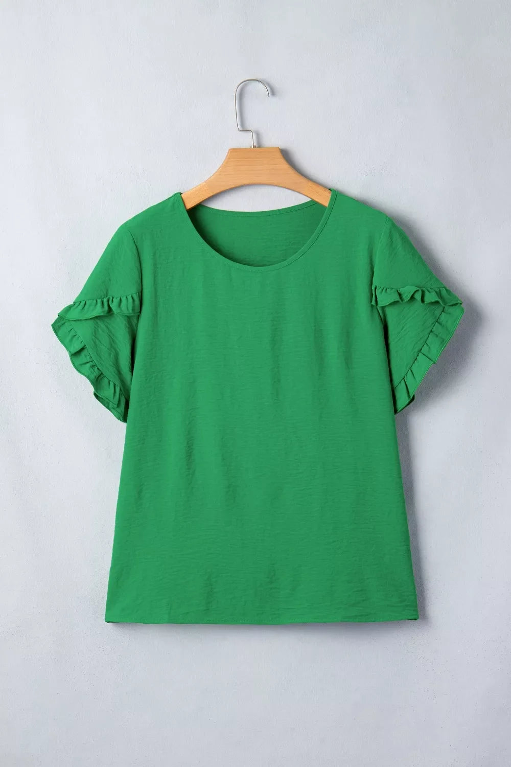 Solid Color Ruffle Trim Short Sleeve Blouse