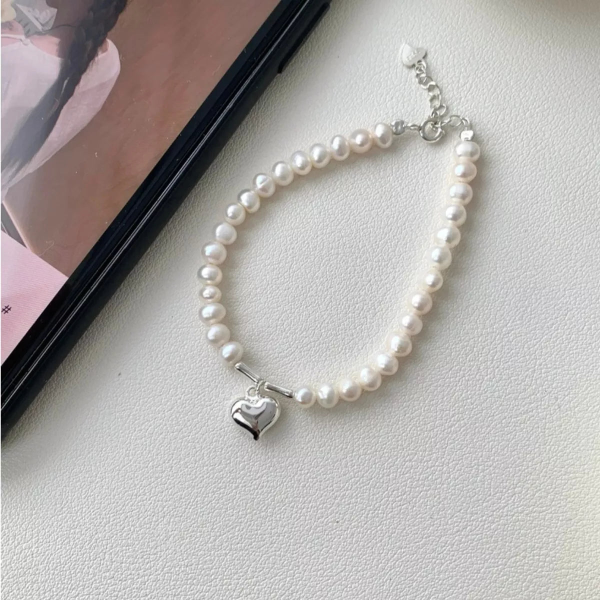 Pearl Heart Charm Bracelet