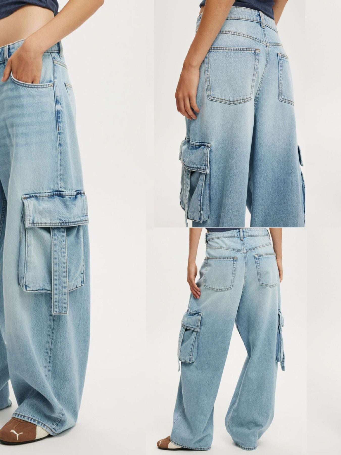 Vintage Wash Wide Leg Cargo Jeans