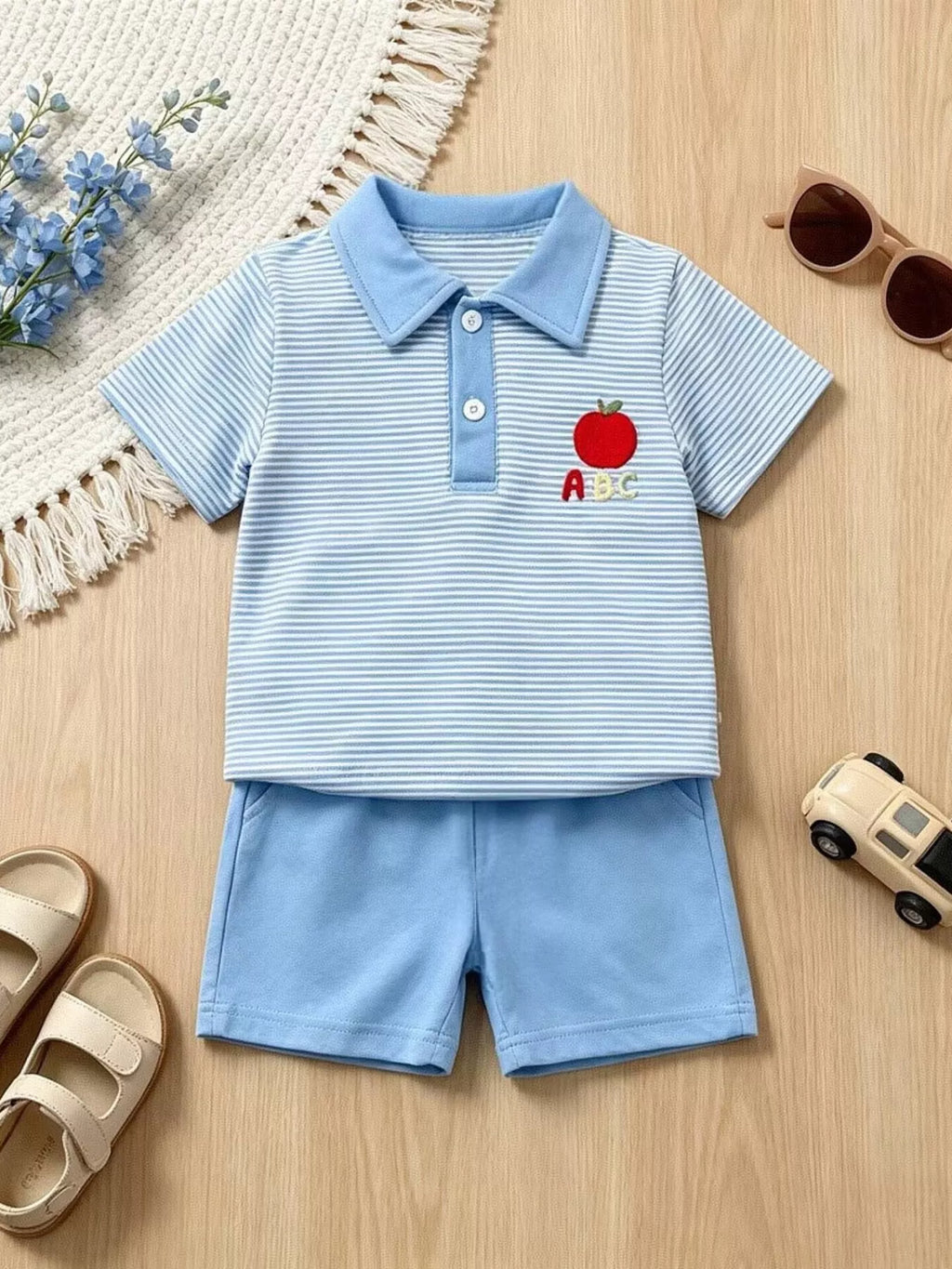 Children's Striped Polo Shirt & Shorts Set with Apple Embroidery