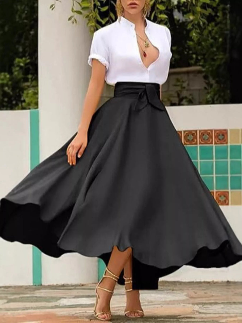 Tie-Waist A-Line Midi Skirt