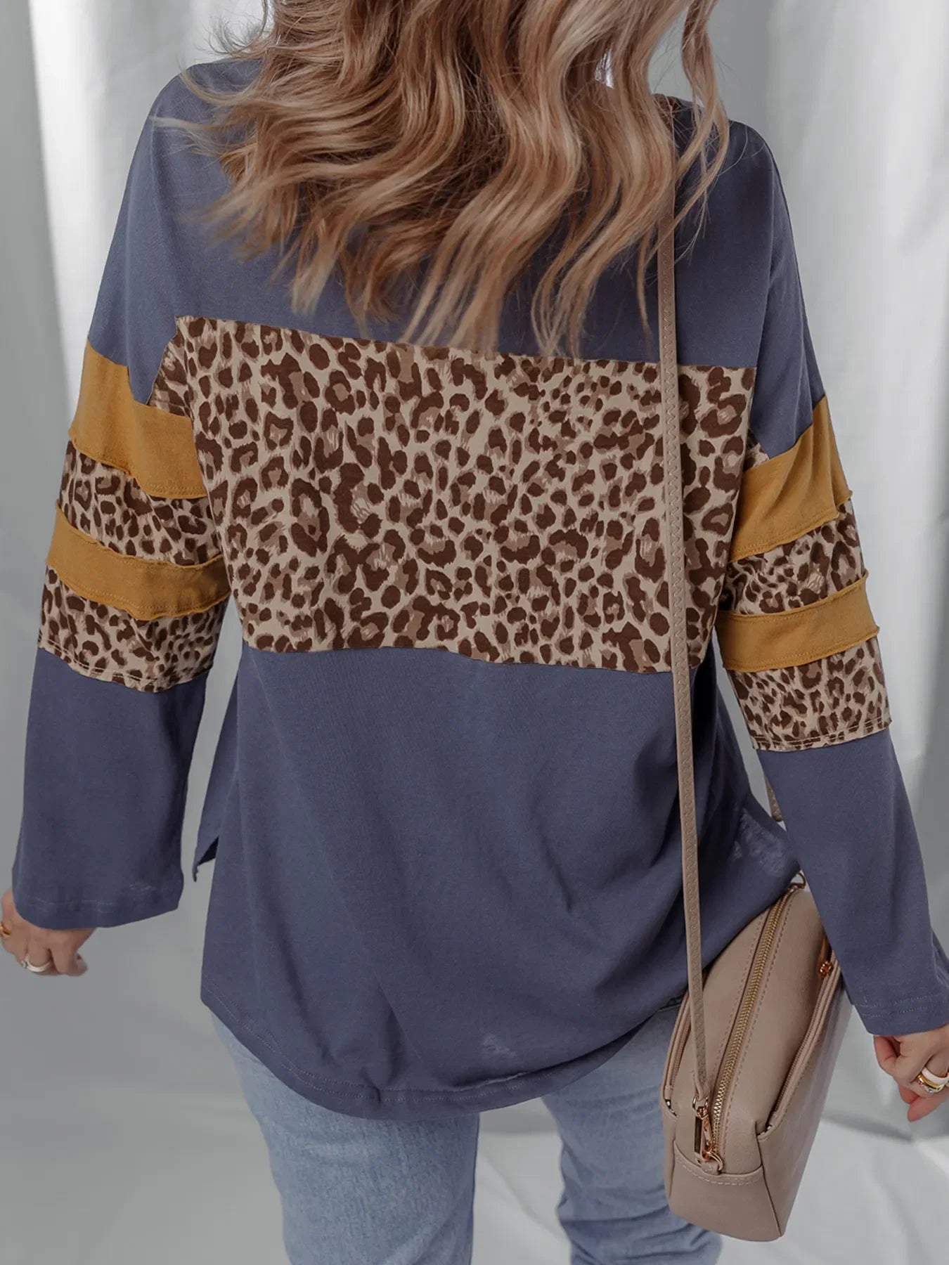 Leopard Color Block Long Sleeve Drop Shoulder Top