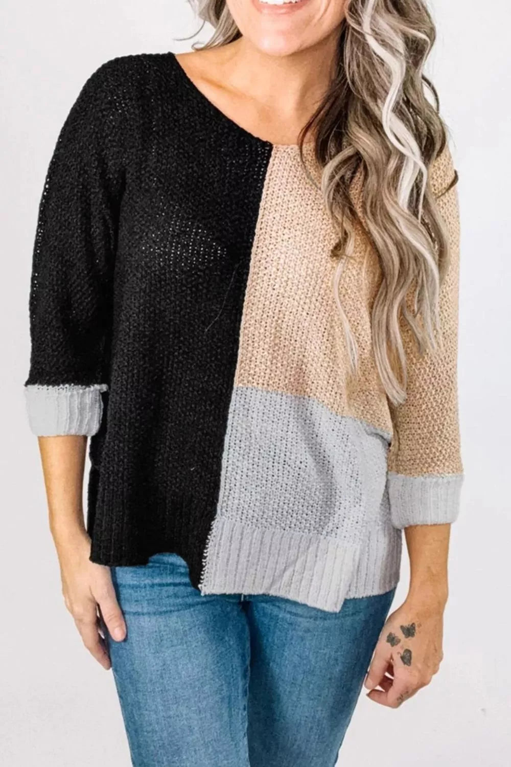 Color Block Knit V Neck Loose Sweater
