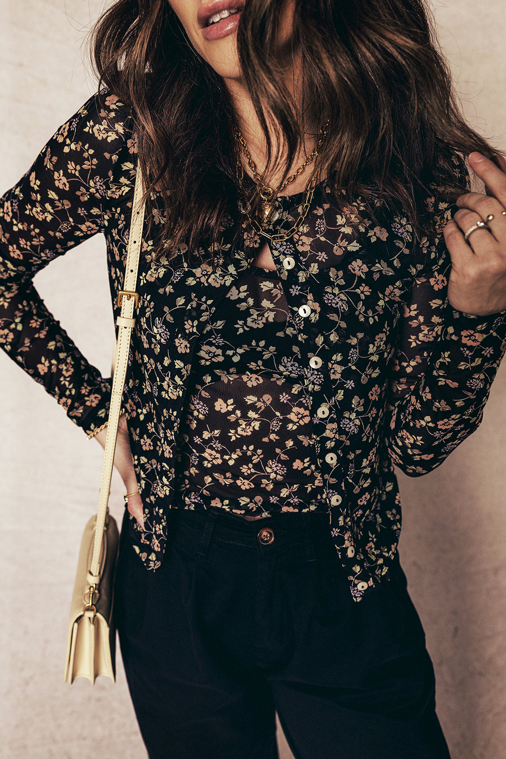 Black Floral Print Mesh Tank Button Front Slim Cardigan 2pcs Set