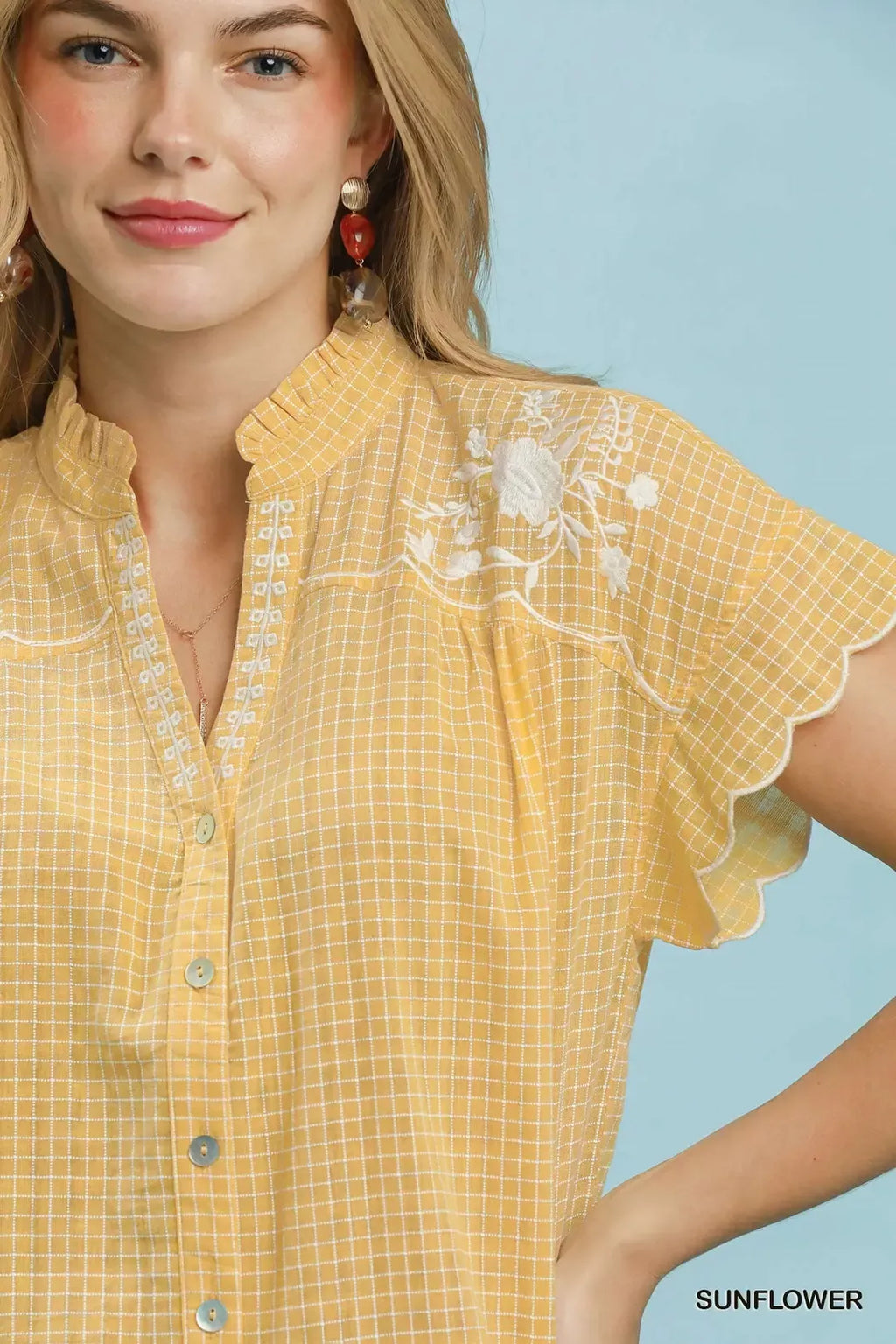Umgee Embroidered Print Scallop Sleeve Button Front Blouse