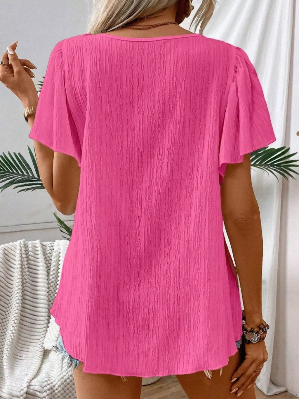 Embroidered Square Neck Flutter Sleeve Blouse