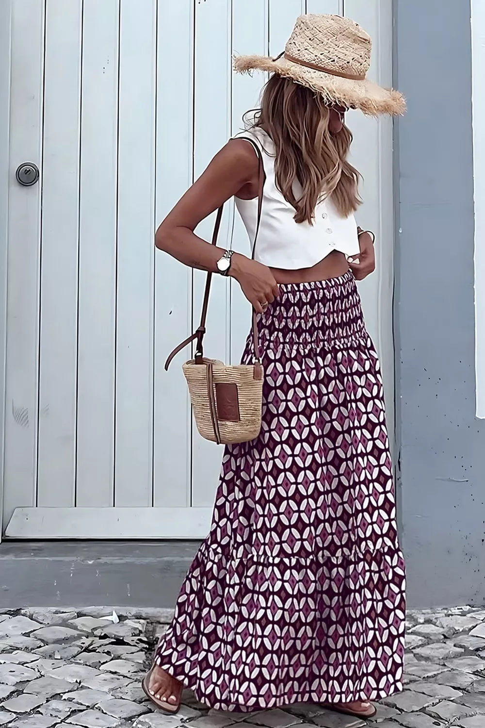 Geometric Print Smocked Waist Maxi Skirt