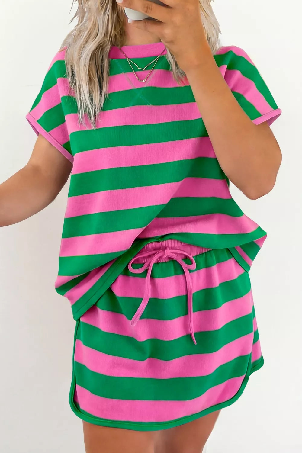 Striped Casual Tee and Skirt Two-Piece Set