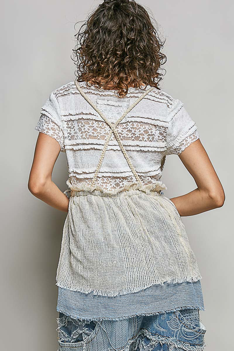 POL Subtle Stripe Pattern Cross-Back String Top with Center Tie Detail
