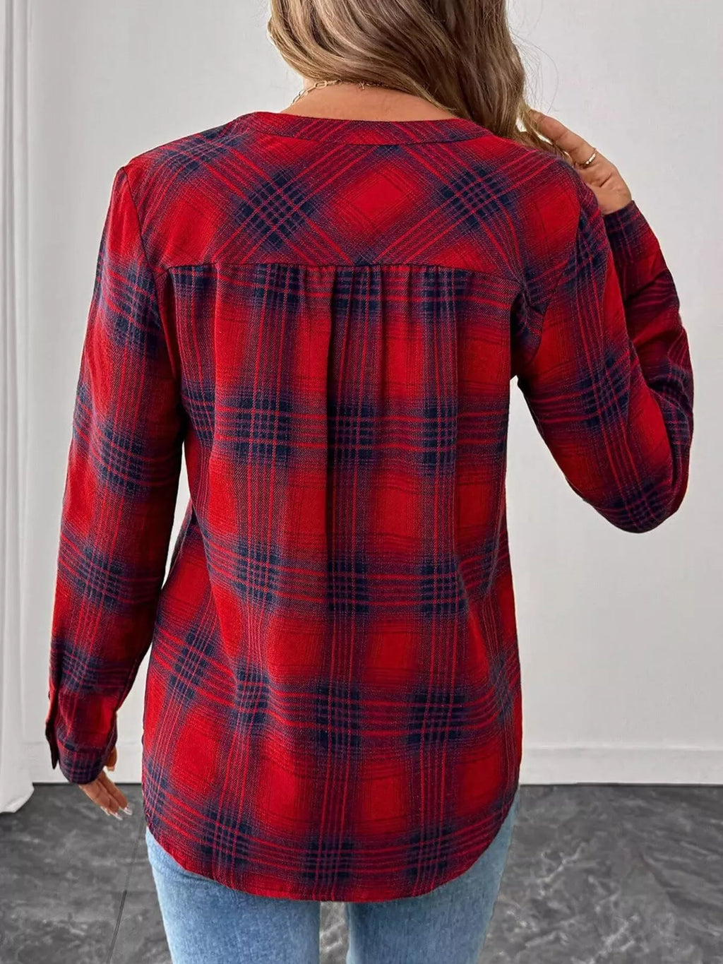 Plaid Half Button Long Sleeve Blouse