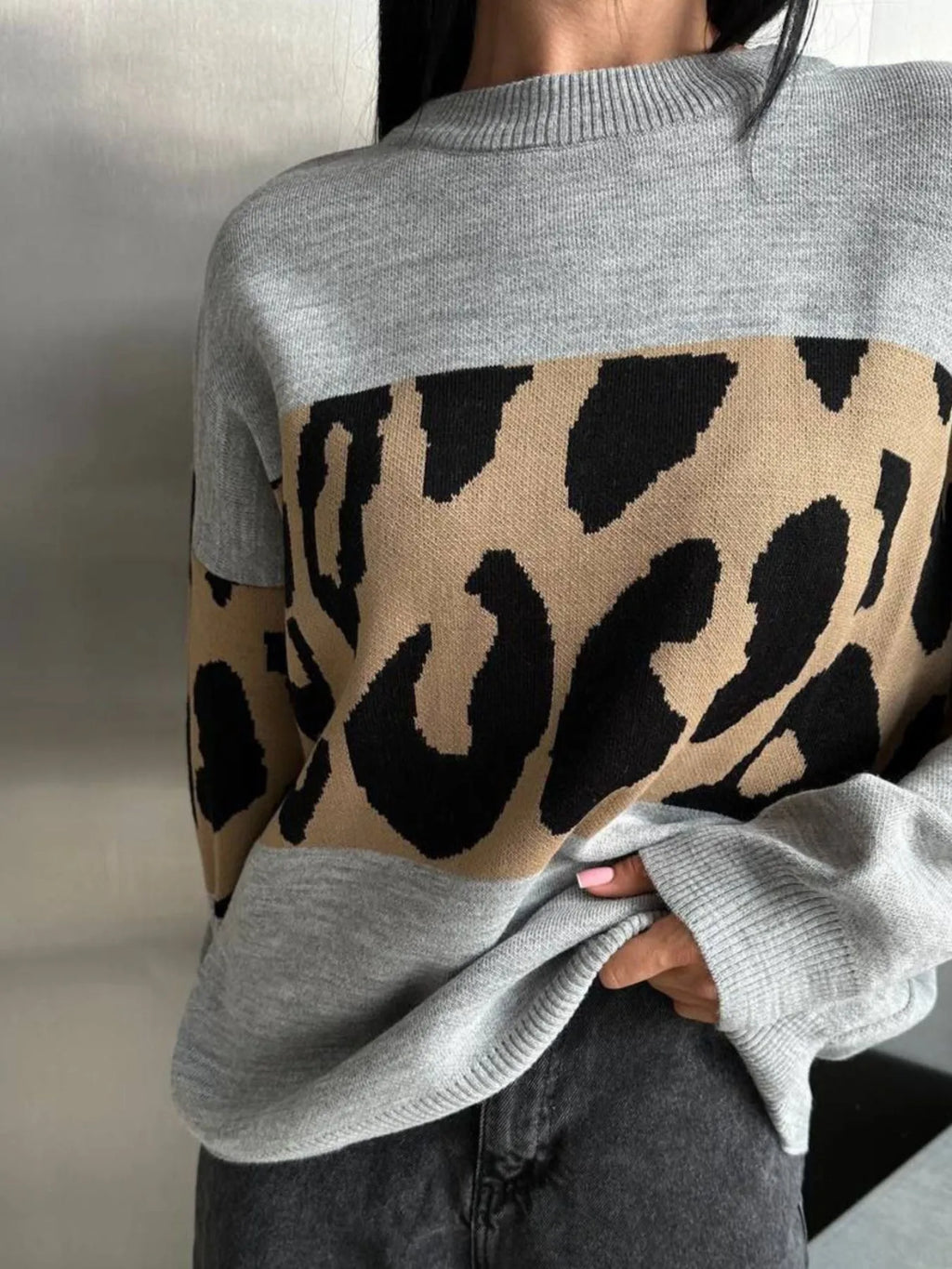 Leopard Color Block Round Neck Sweater