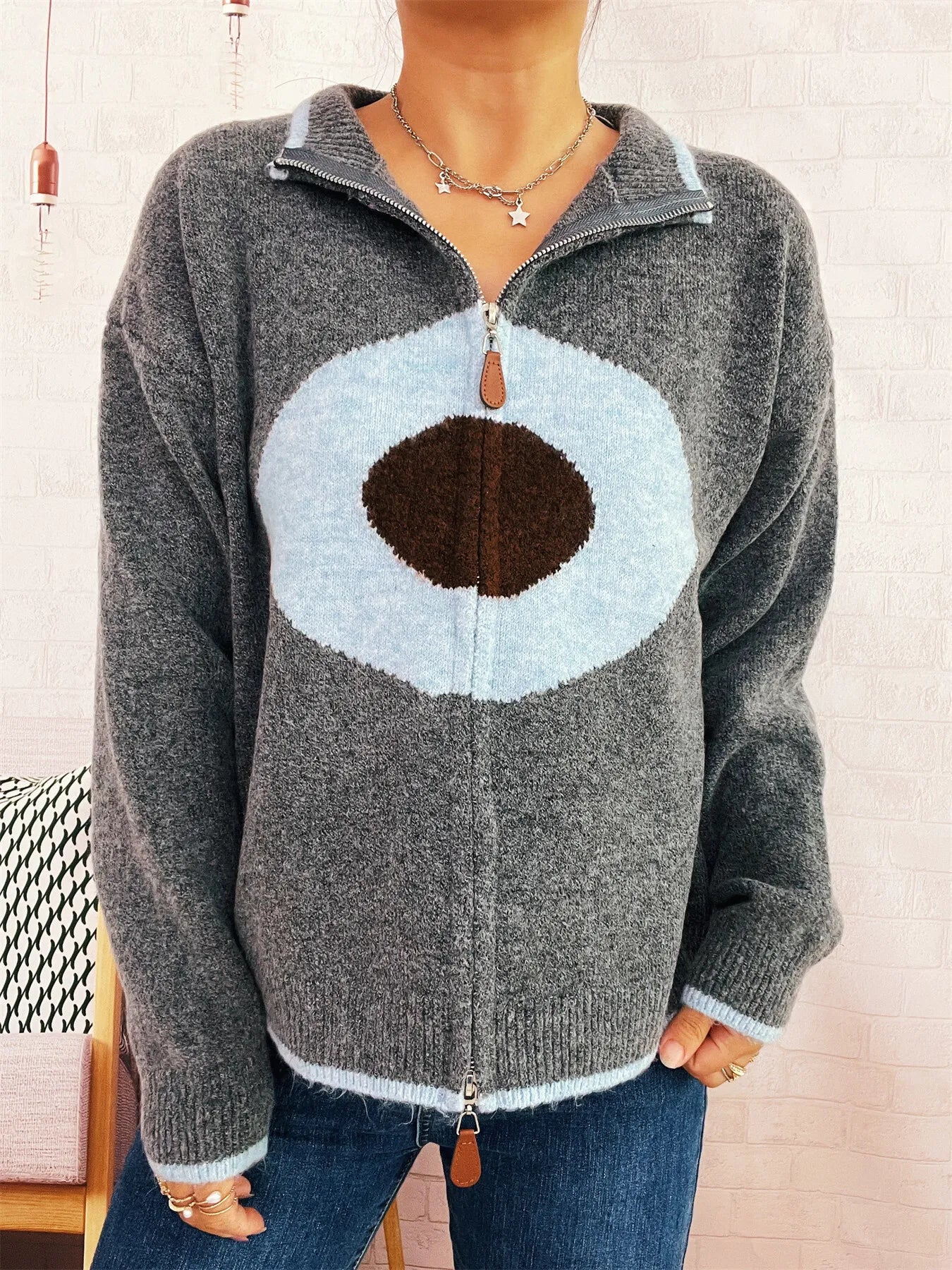 Zip-Up Contrast Trim Cardigan