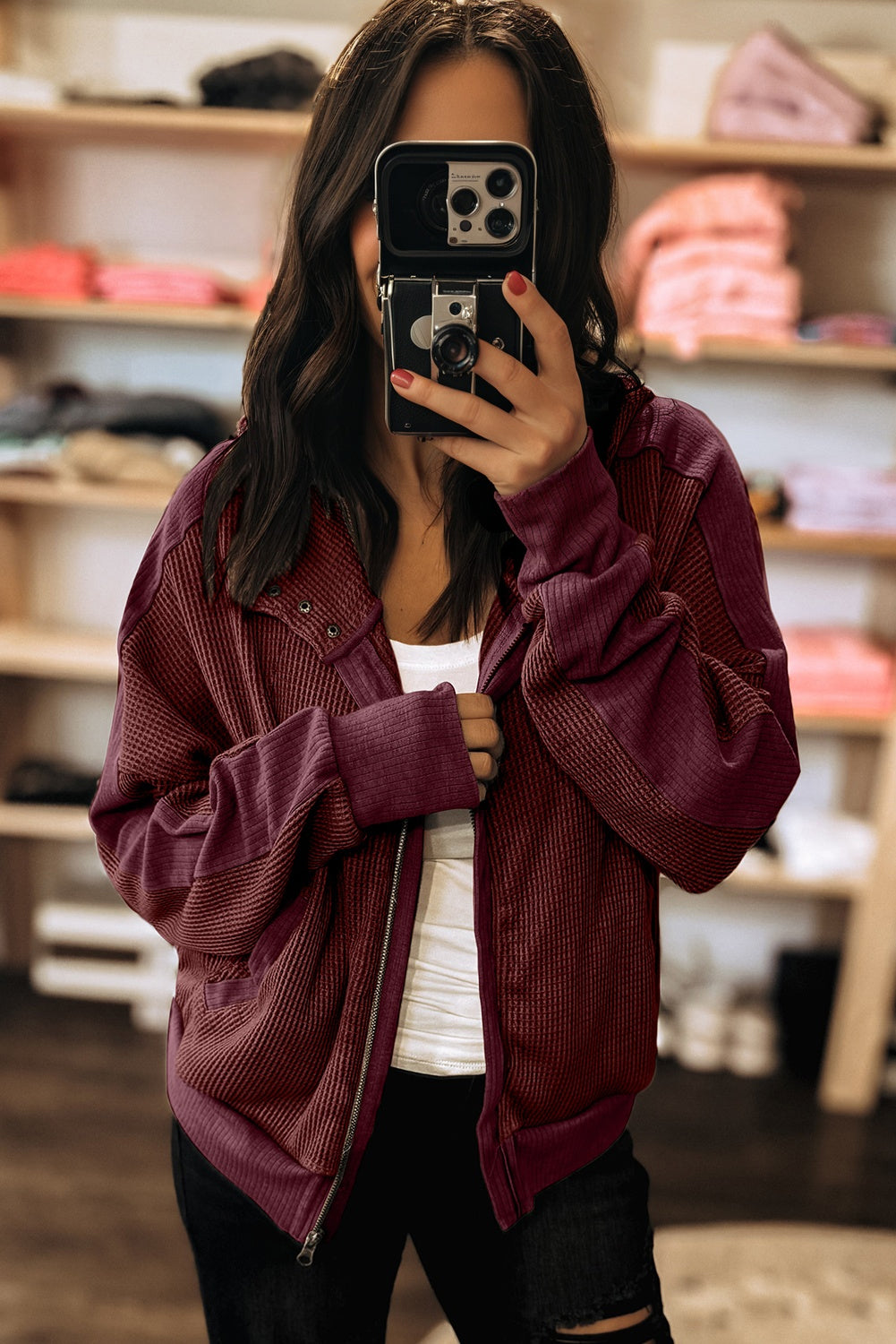 Waffle Zip Up Snap Button Hooded Jacket