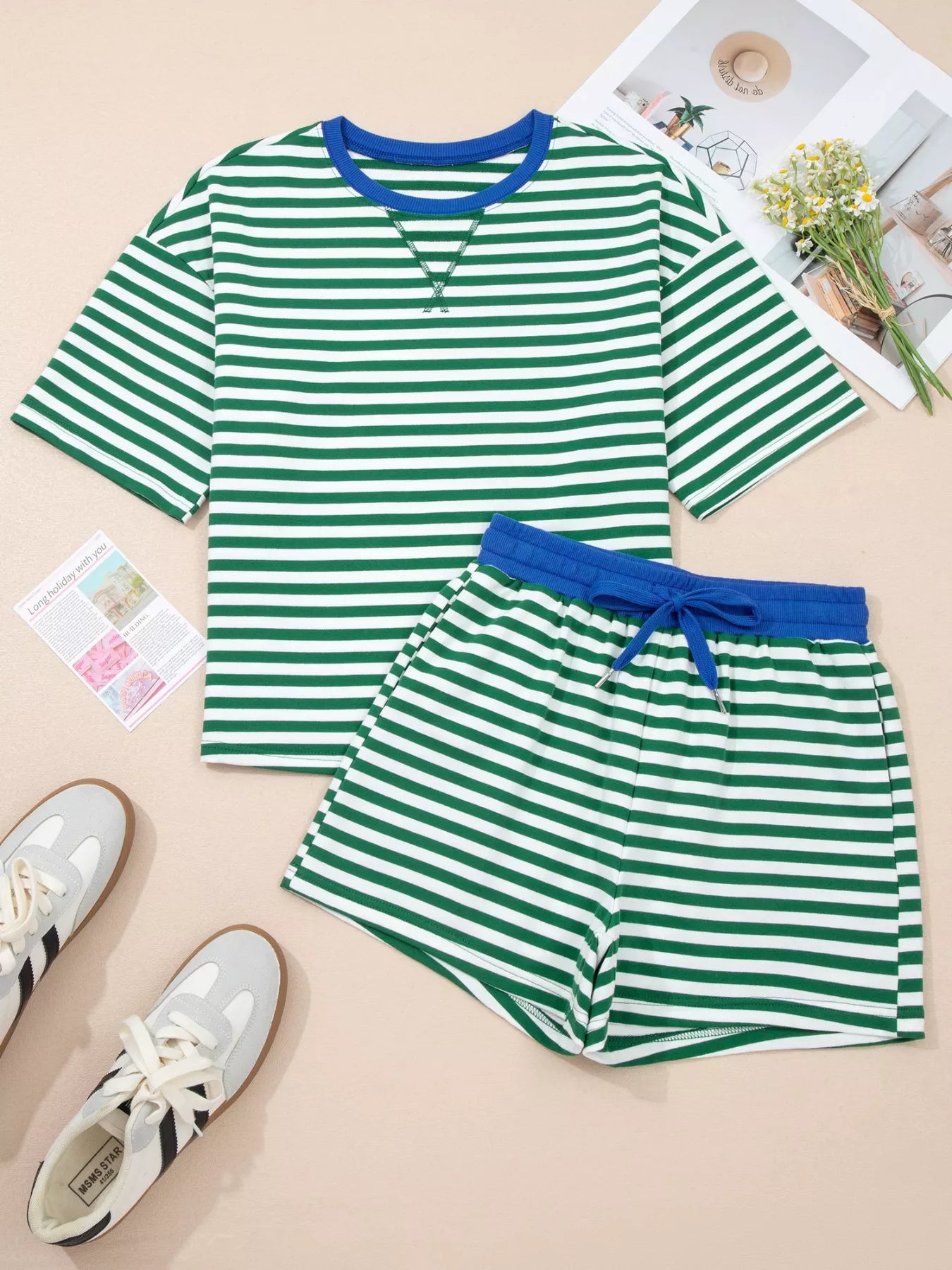 Stripe Boxy Tee and Drawstring Elastic Waist Shorts Set