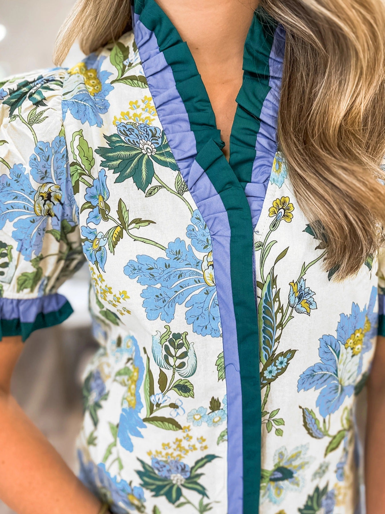 Floral Print Contrasted Frilled Striped Trim Short Sleeve Blouse